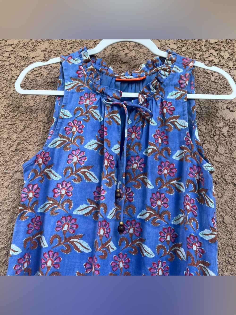 Oliphant Blue Floral Block Print Cotton Tiered Mini Dress Small Sleeveless Boho - Picture 3 of 14